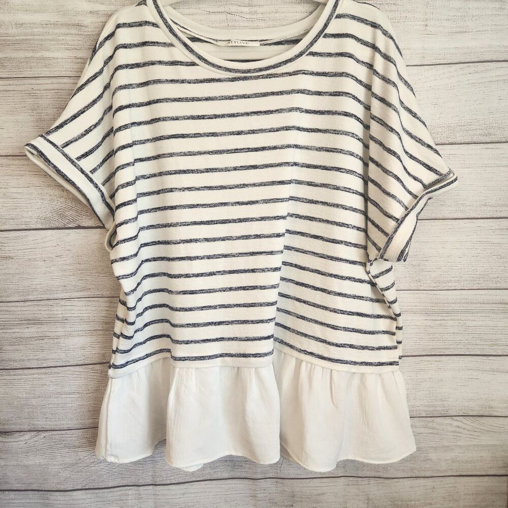 Stylive 1x white blue striped cap sleeve blouse coastal Y2k sweater